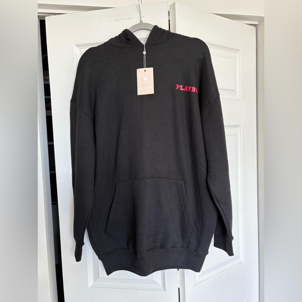 PLAYBOY Charcoal Hoodie with Vibrant Pink Text